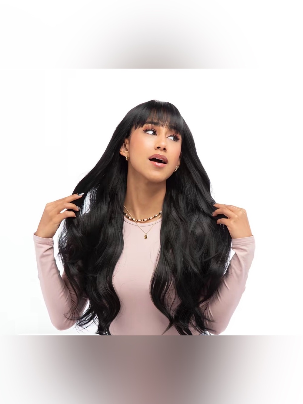 Lady Grayy Natural Black Long Wavy Wig with Blunt Bangs with cap - Sleek Volume